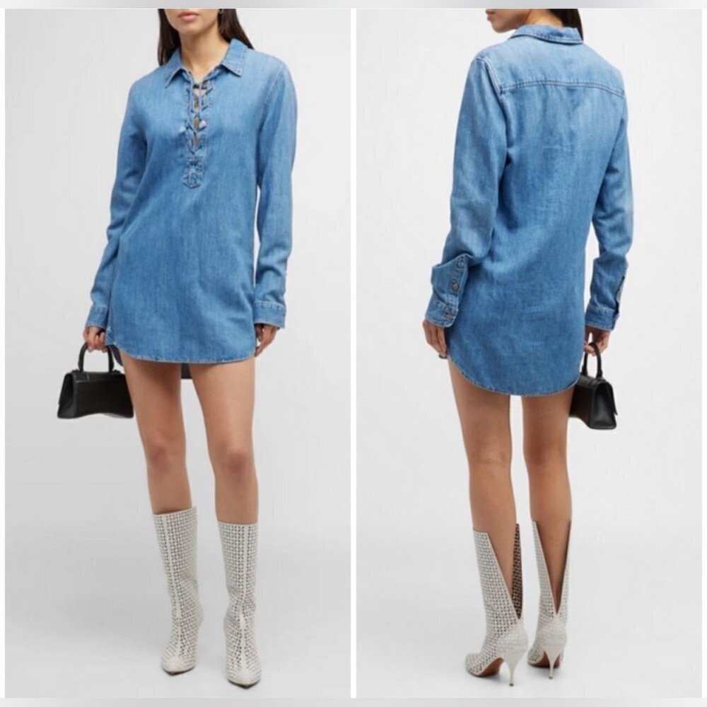Mother The Lace Up Shirt Dress Denim Mini Salt and Lime Blue Size XS